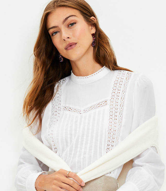 Hollister long sleeve satin blouse with lace trim in white