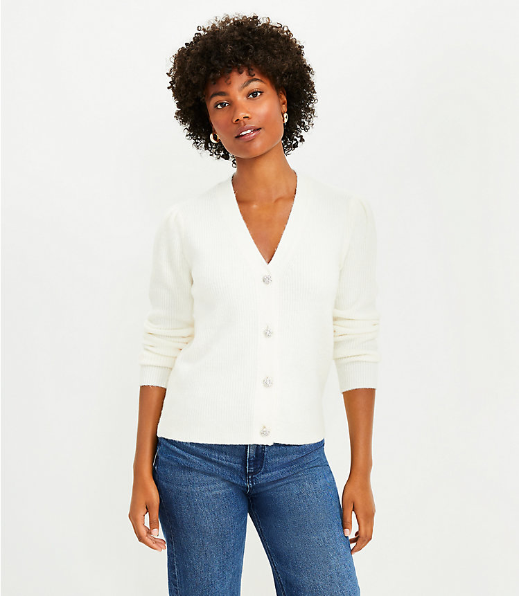 Jeweled Button V-Neck Cardigan image number null