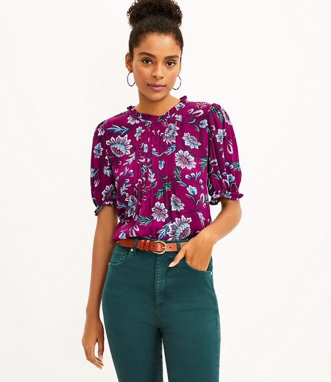 Loft Floral Pintucked Puff Sleeve Top