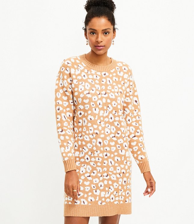 로프트 LOFT Shimmer Animal Print Sweater Dress,Fresh Camel