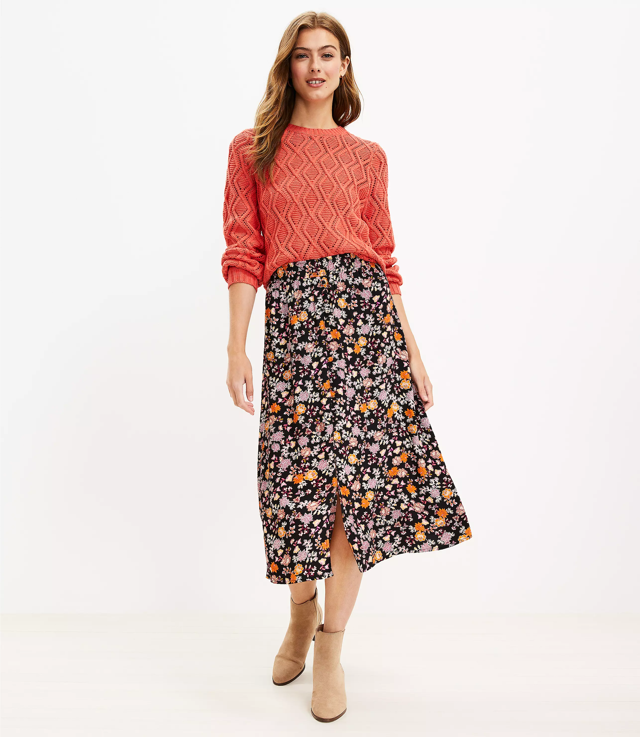 Petite Floral Button Pull On Midi Skirt