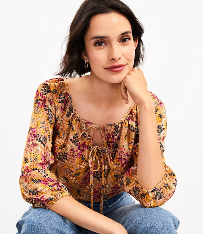 Petite Floral Tie Neck Blouse