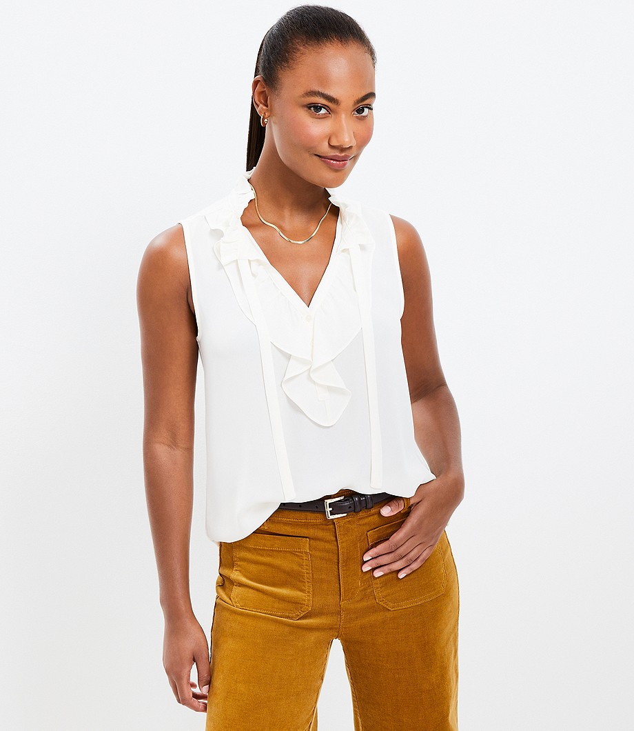 Ruffle Tie Neck Mixed Media Shell