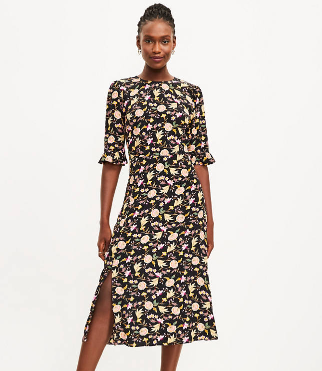 Petite Floral Ruffle Sleeve Midi Dress