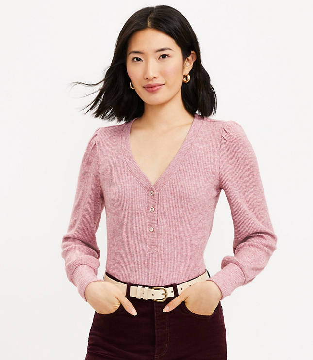 Petite Ribbed Puff Sleeve Henley Top