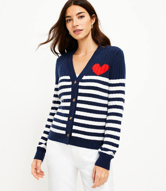 로프트 LOFT Heart Puff Sleeve V-Neck Cardigan,Deep Space Blue