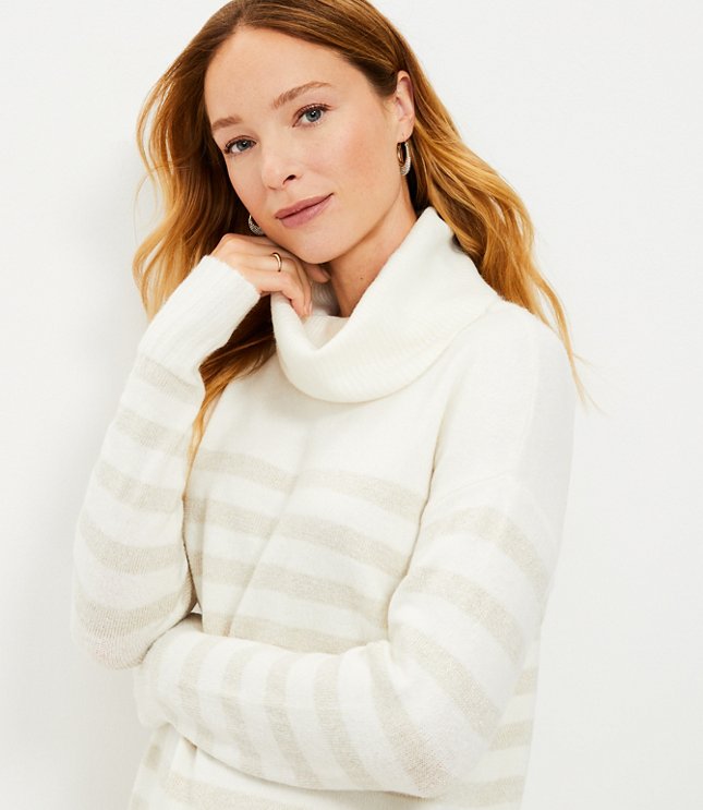 로프트 LOFT Shimmer Stripe Cowl Neck Tunic Sweater,Whisper White