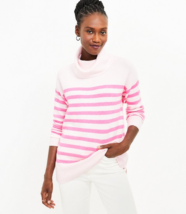 로프트 LOFT Stripe Cowl Neck Tunic Sweater,Lilly Pink