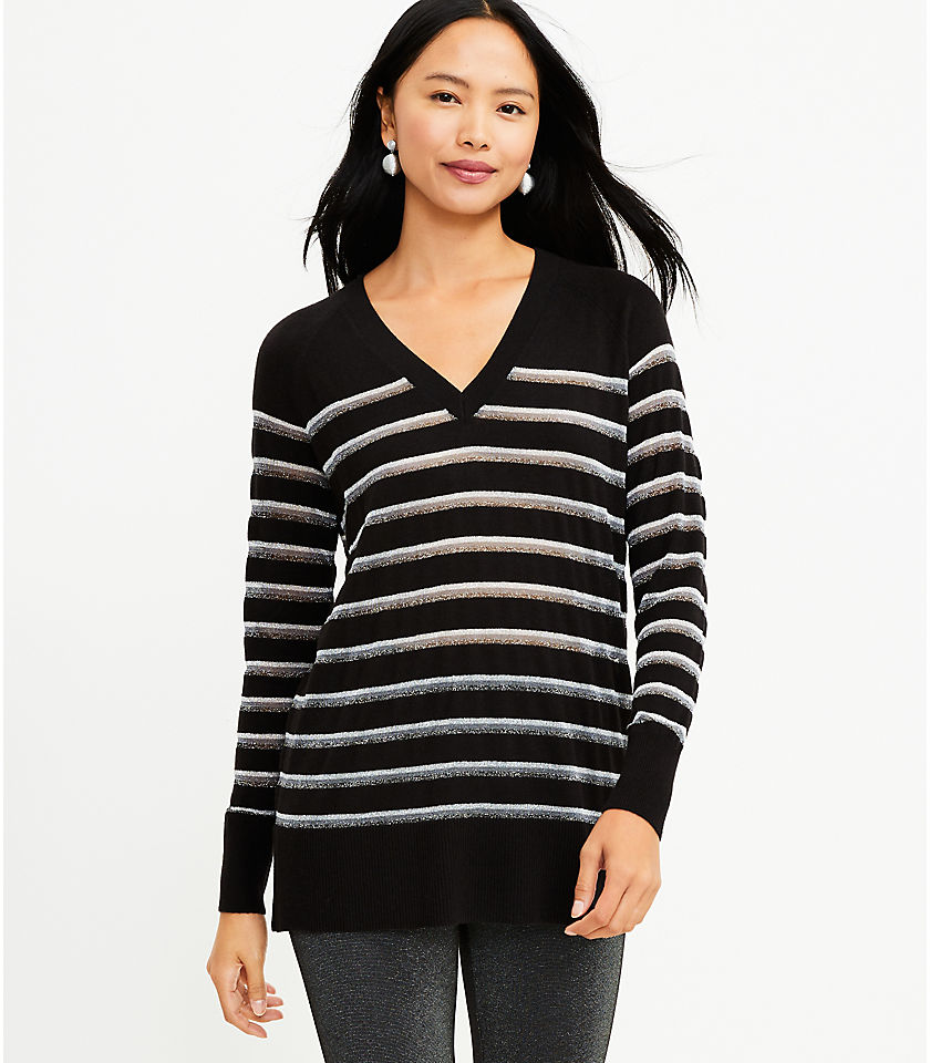 로프트 LOFT Shimmer Stripe V-Neck Tunic Sweater,Black