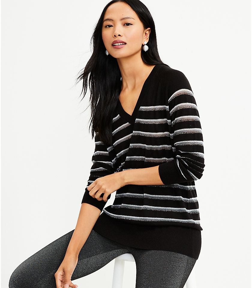 Shimmer Stripe V-Neck Tunic Sweater