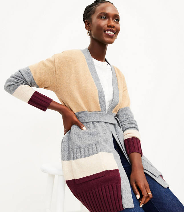 Petite Colorblocked Belted Pocket Cardigan