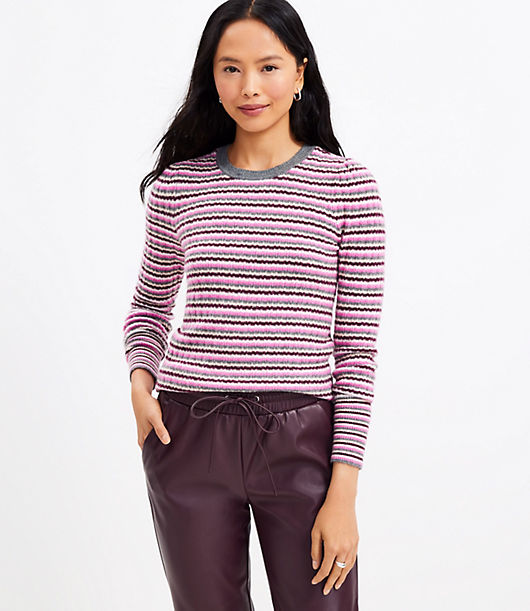 Loft Petite Textured Striped Puff Sleeve Sweater