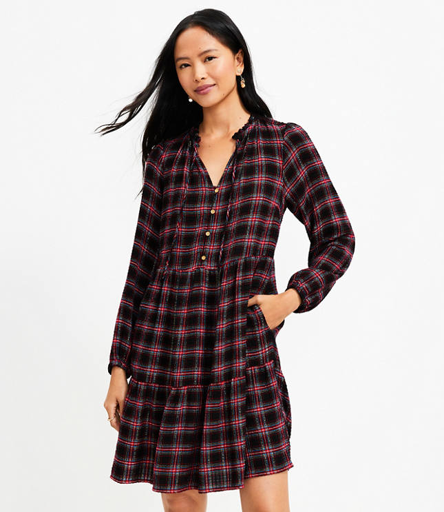 로프트 LOFT Shimmer Plaid Tiered Dress,Black