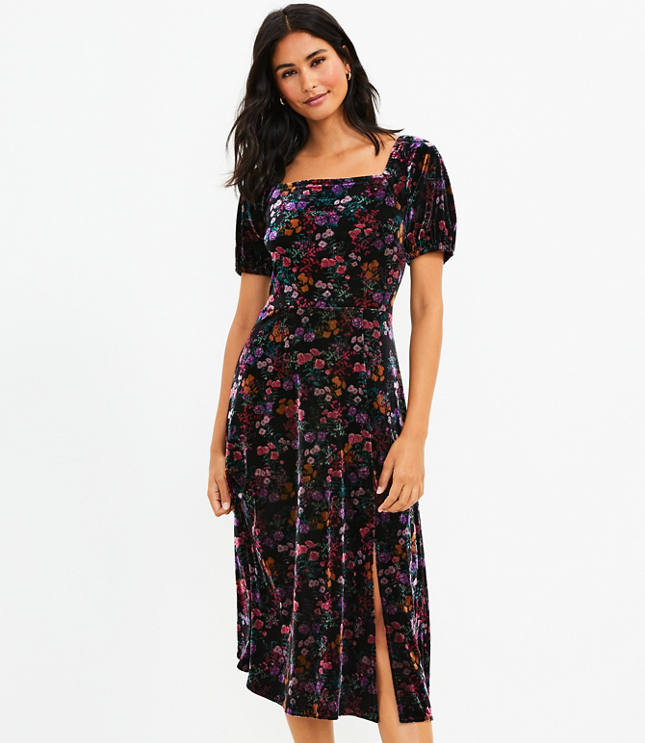 Floral Velvet Square Neck Midi Dress