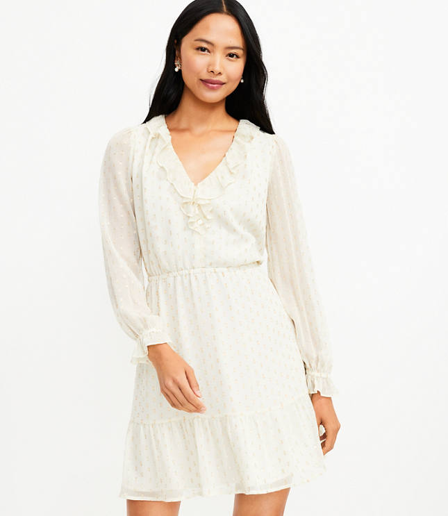 White Chiffon V-Neck Off-Shoulder Slip Dress With Ruffle Hem