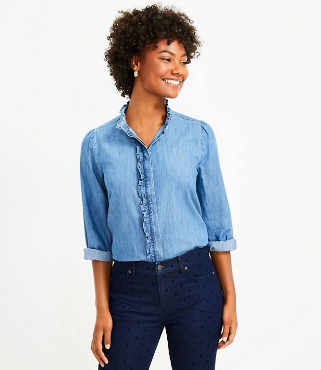 Chambray ruffle sale sleeve top