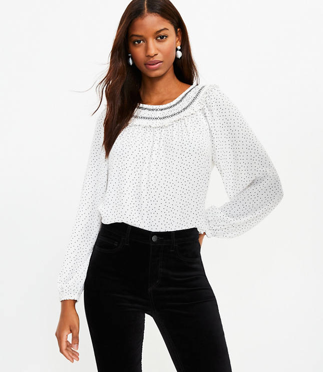 Dotted Smocked Mixed Media Blouse