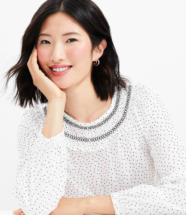 Dotted Smocked Mixed Media Blouse