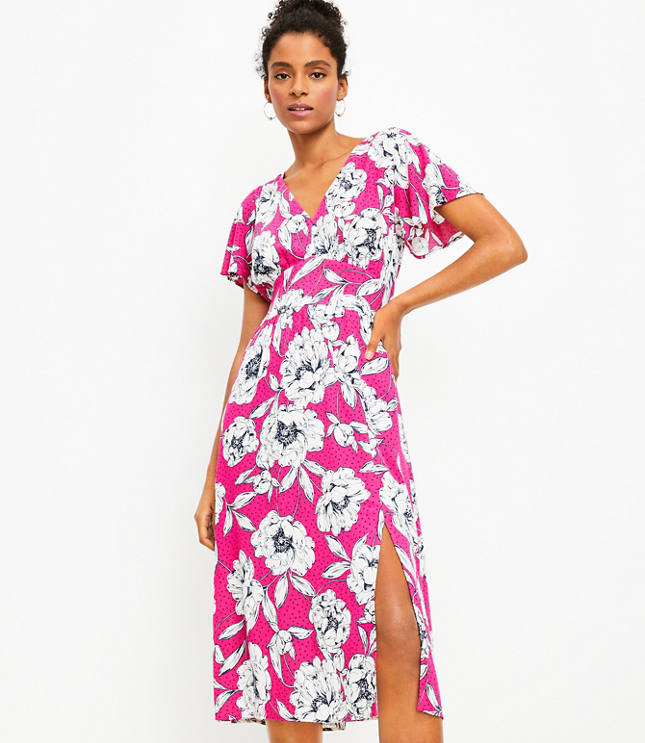 Peony Garden Flutter Sleeve V-Neck Midi Dress