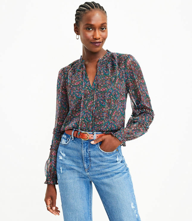 Shimmer Paisley Smocked Ruffle Tie Neck Blouse