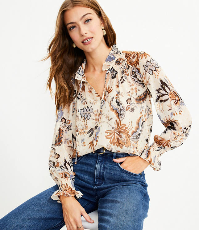 Shimmer Vine Ruffle Tie Neck Blouse