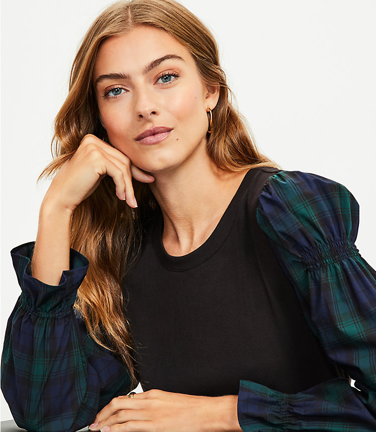 Plaid Lace Trim Mixed Media Blouse image number 1