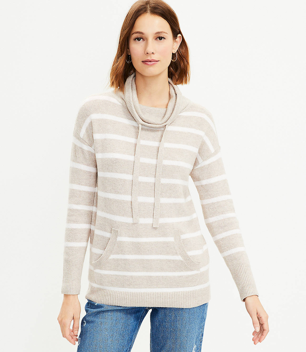 Striped Drawstring Neck Pocket Sweater