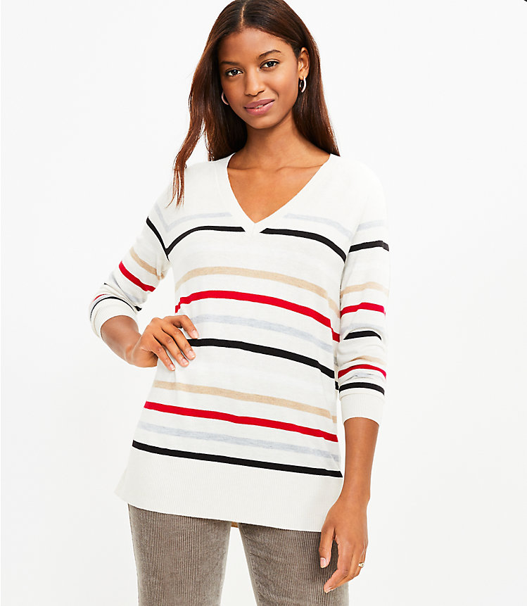 Striped V-Neck Tunic Sweater image number 1