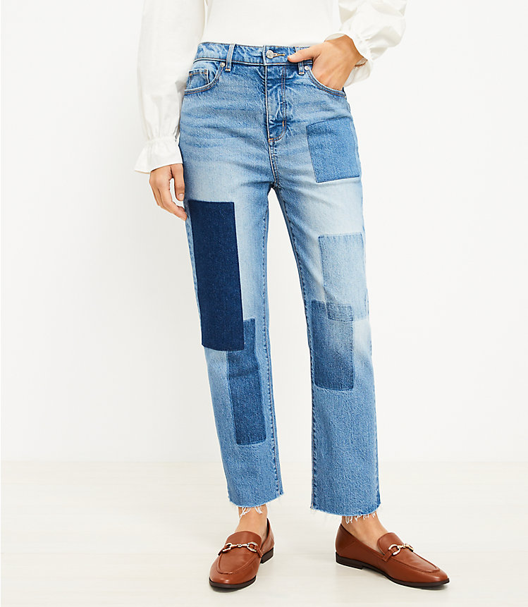 High Rise Straight Crop Jeans in Patched Light Indigo Wash image number 0