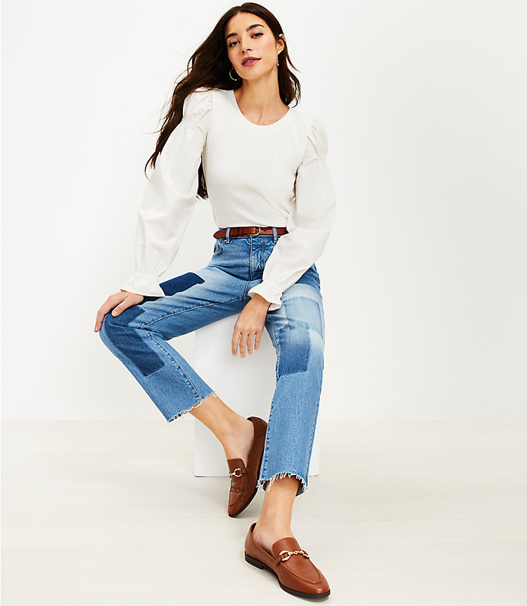 High Rise Straight Crop Jeans in Patched Light Indigo Wash image number 1