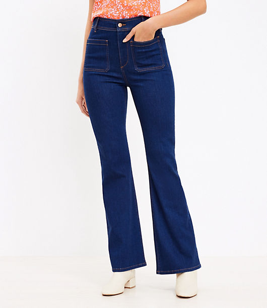 Loft Patch Pocket High Rise Slim Flare Jeans in Classic Mid Indigo Wash