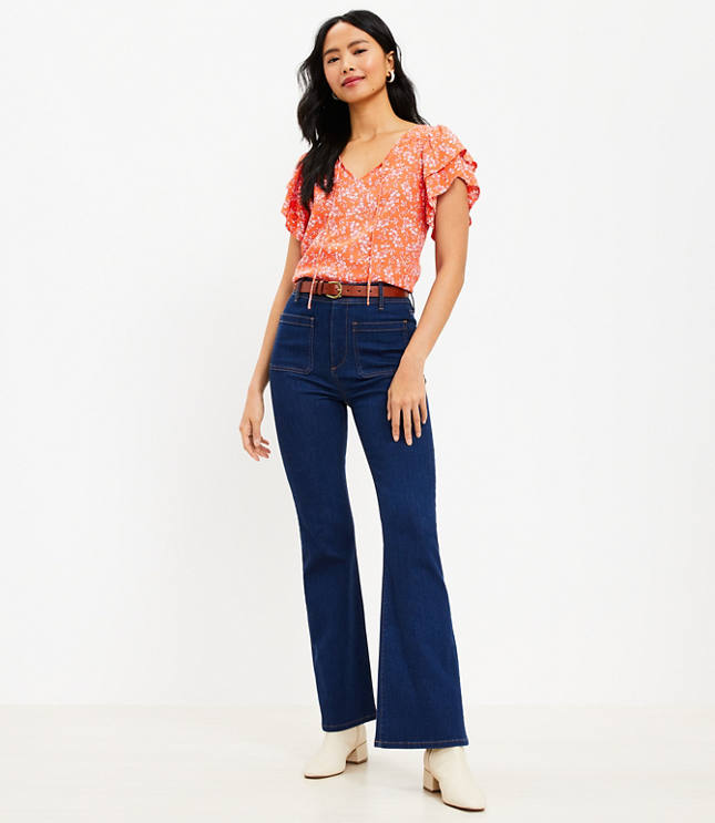 Patch Pocket High Rise Slim Flare Jeans in Classic Mid Indigo Wash