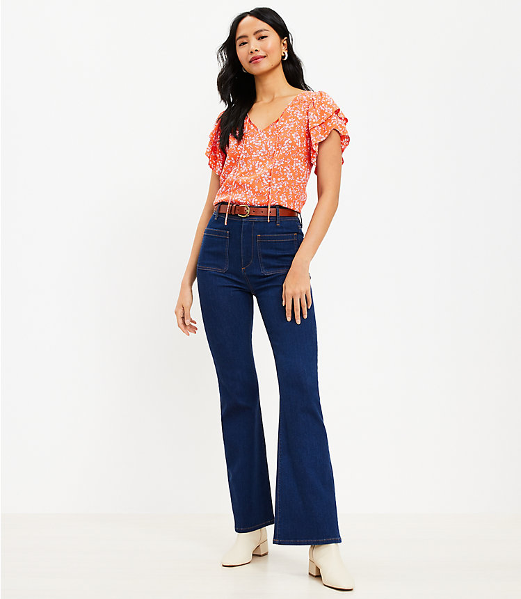 Patch Pocket High Rise Slim Flare Jeans in Classic Mid Indigo Wash image number 1