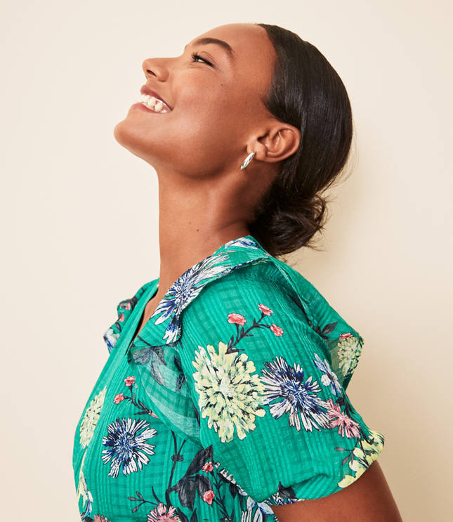 Green Floral Ruffled V-Neck Dress