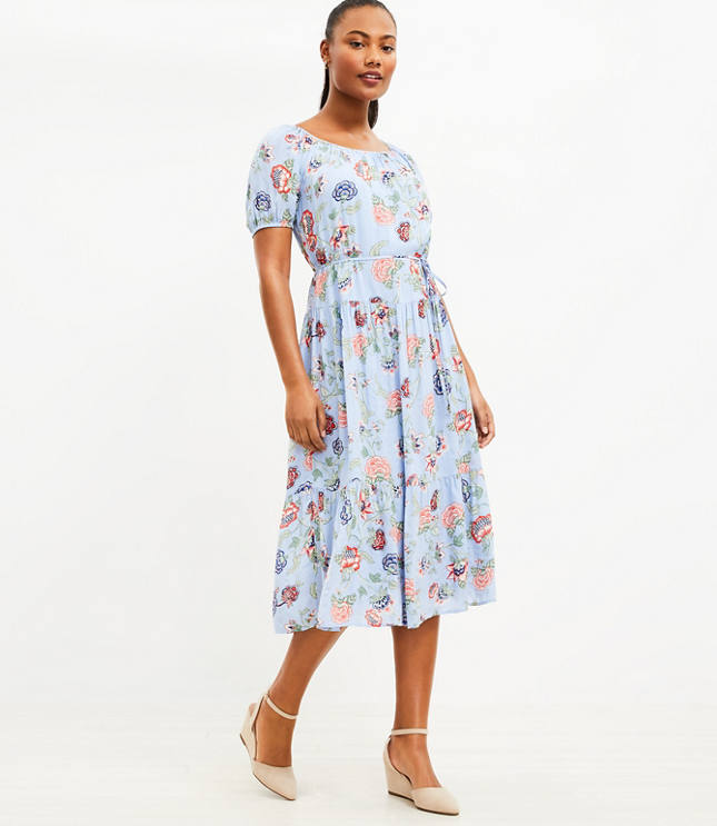 Floral Tie Waist Tiered Midi Dress