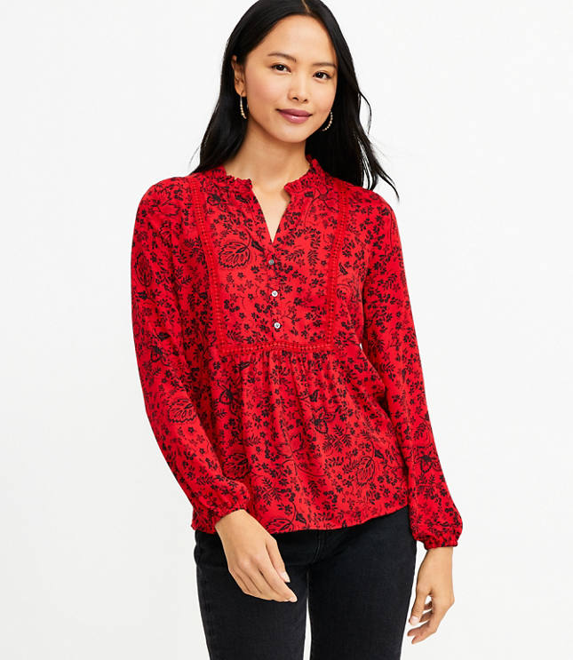 Floral Lace Trim Mixed Media Blouse