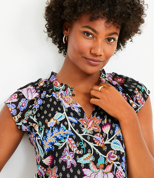 Vine Ruffle Sleeve Split Neck Shell