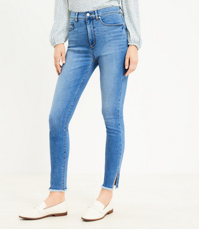 Side Slit Frayed High Rise Skinny Jeans in Indigo Wash