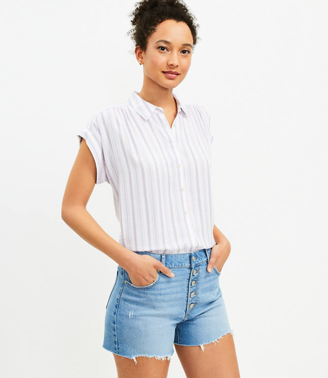 Button Front High Rise Destructed Cut Off Denim Shorts in Mid Indigo Wash