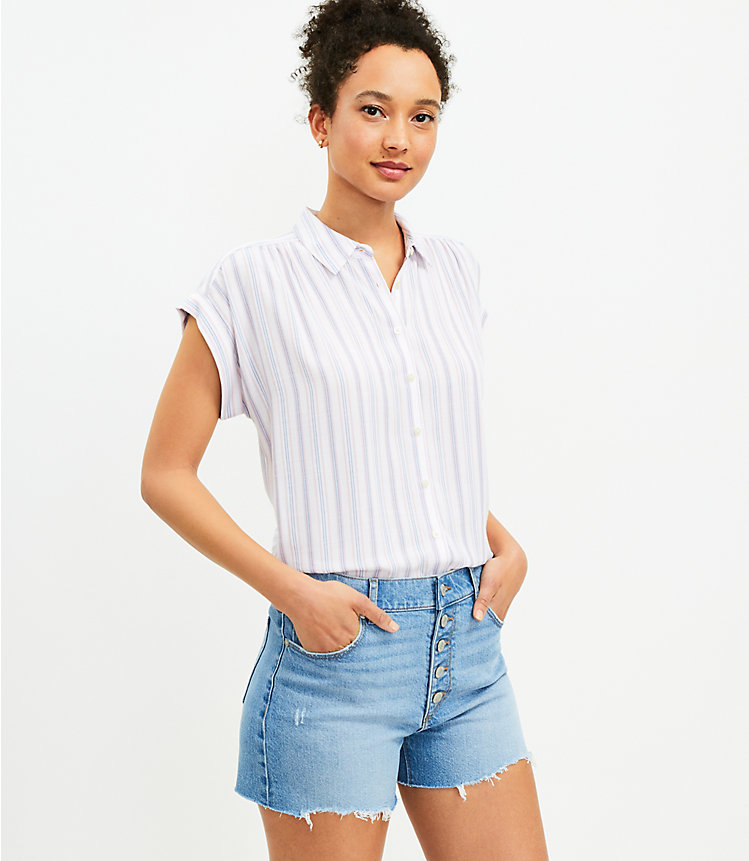 Button Front High Rise Destructed Cut Off Denim Shorts in Mid Indigo Wash image number 0