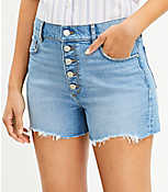 Button Front High Rise Destructed Cut Off Denim Shorts in Mid Indigo Wash carousel Product Image 2
