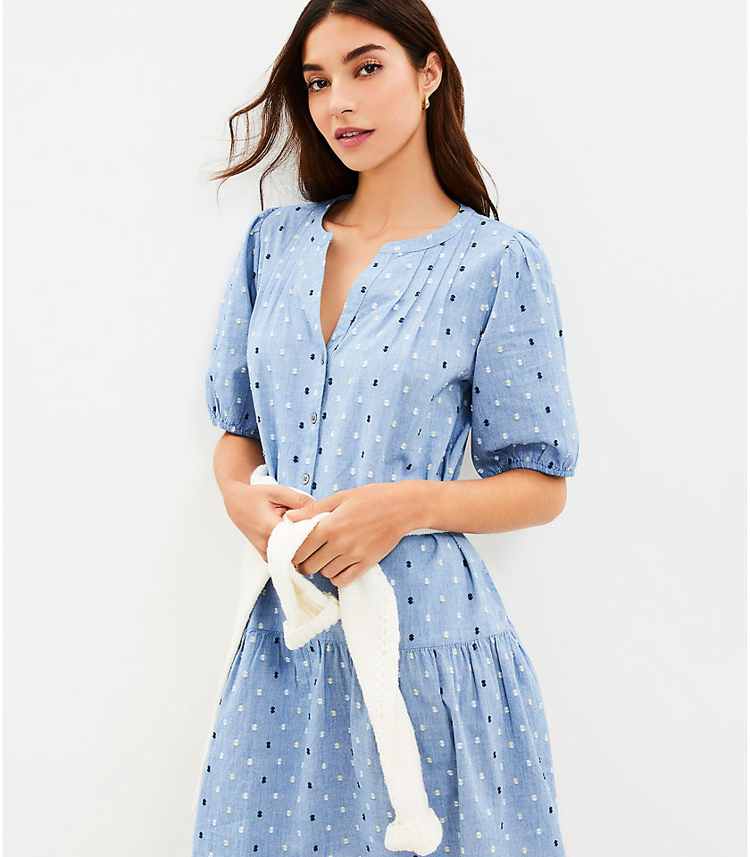 Chambray Clip Puff Sleeve Button Swing Dress