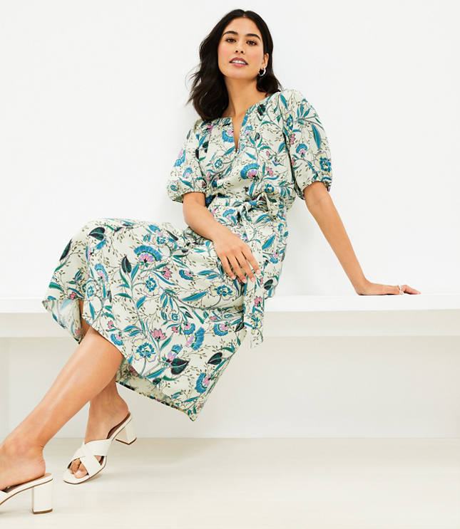 LOFT Plus Floral Puff Sleeve Pocket Midi Dress