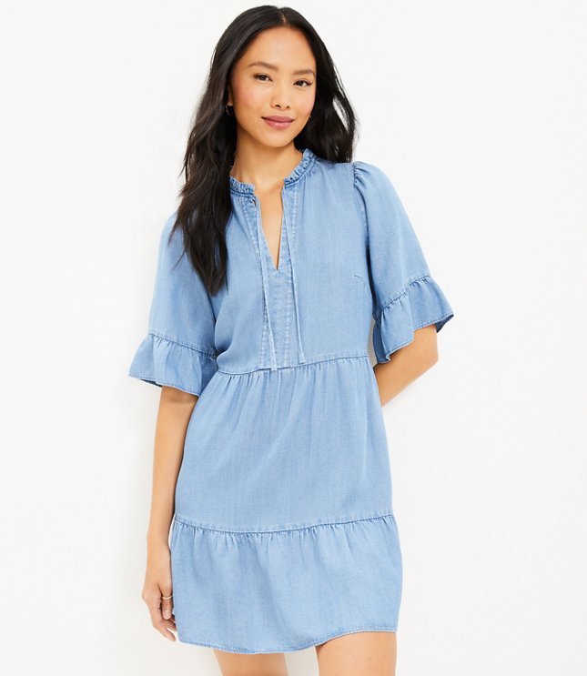 Chambray Ruffle Tie Neck Tiered Swing Dress image number 0