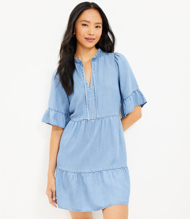 Chambray Ruffle Tie Neck Tiered Swing Dress