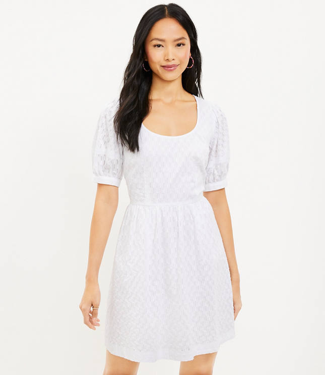 Dobby U-Neck Puff Sleeve Dress