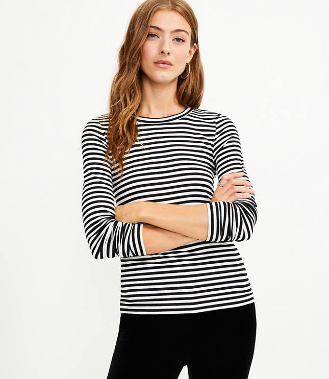 Petite Striped Long Sleeve Scoop Neck Tee