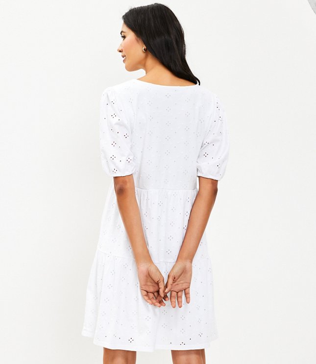 Eyelet Puff Sleeve Button Tiered Swing Dress