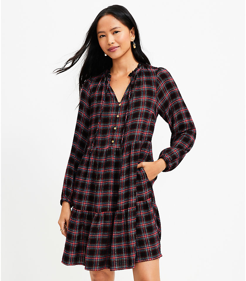 Petite Shimmer Plaid Tiered Dress