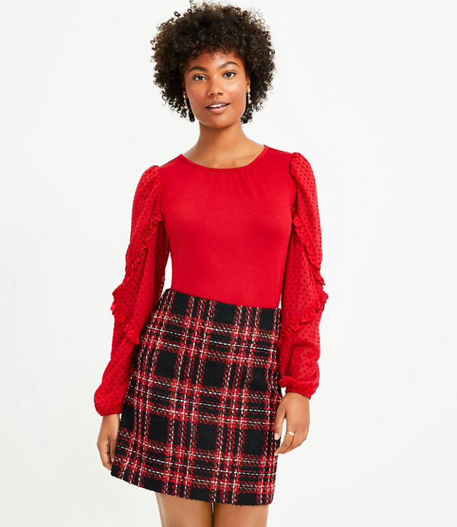 Petite Velvet Dot Ruffle Sleeve Mixed Media Top